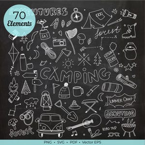 May include: A collection of white hand-drawn camping-themed illustrations on a black background, including a tent, compass, campfire, guitar, van, and various outdoor gear. The text includes "70 Elements", "ADVENTURES", "forest", "CAMPING", "SUMMER CAMP", "SCOUTING", and "ROAD TRIP".