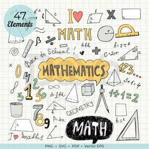 Può includere: Illustrazione disegnata a mano con simboli matematici, forme geometriche e le parole "I Love Math" e "Mathematics". Il design include numeri, equazioni e un simbolo a forma di cuore, il tutto su uno sfondo a griglia. Il testo "Back to School!" è incluso.