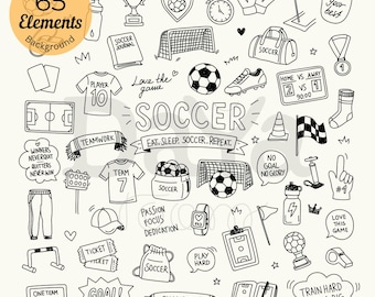May include: A collection of 65 black and white hand-drawn soccer-themed illustrations including a trophy, soccer balls, jerseys, goals, a scoreboard, whistles, and motivational text like "Eat. Sleep. Soccer. Repeat." and "Train hard dream big."