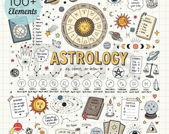 Puede incluir: Una colección digital de más de 100 ilustraciones dibujadas a mano con temática astrológica sobre un fondo de cuadrícula. Incluye una rueda zodiacal central, símbolos planetarios, constelaciones, cartas del tarot, una bola de cristal y textos.