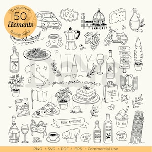 Può includere: Una collezione di 50 illustrazioni in bianco e nero disegnate a mano con temi italiani, tra cui un'auto, pizza, pasta, vino, gelato, la Torre di Pisa, uno scooter, caffè ed elementi testuali come Italy, Ciao Bella e Buon Appetito.