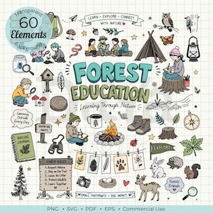 Forest Education Clipart Bundle, 60 Nature Learning Elements, PNG SVG EPS, Hand Drawn Doodle Clipart, Canva Elements, Vector Illustration