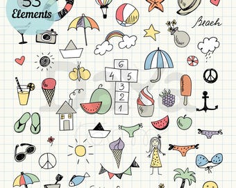 May include: A collection of 53 hand-drawn summer-themed illustrations on a grid background, including a hopscotch grid, beach items, food, clothing, and nature icons. The text 53 Elements and It's Summer are visible among the various colorful doodles.
