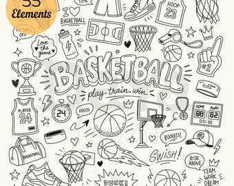 May include: A collection of 55 black and white basketball-themed doodle illustrations including basketballs, hoops, jerseys, sneakers, trophies, a scoreboard, and text elements like BASKETBALL, play, train, win, DUNK, and SWISH on a light background.