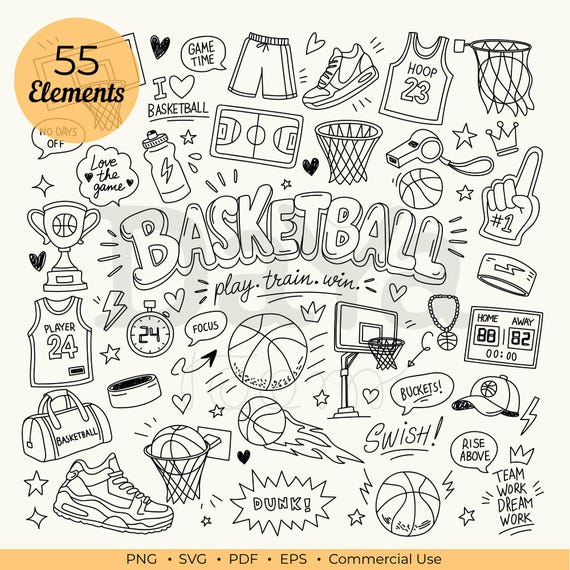 Basketball Clipart Bundle, Hand Drawn Doodle Elements, Sports Canva Elements, Digital Line Art, Outline Vector Illustration PNG SVG EPS