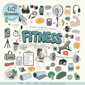 May include: A digital collection of 60 fitness-themed hand-drawn illustrations including gym equipment like dumbbells, kettlebells, a barbell, a yoga mat, a foam roller, a gym bag, protein powder, healthy food, and a person taking a selfie.