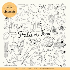 Può includere: Illustrazione in bianco e nero di elementi della cucina italiana, tra cui pizza, pasta, vino e vari ingredienti. Le parole "Italian Food" sono ben visibili. L'immagine include anche il testo "65 Elements".