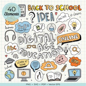 Op de afbeelding: Een verzameling van 40 handgetekende digitale educatieve elementen op een ruitjesachtergrond, met teksten zoals BACK TO SCHOOL, DIGITAL AGE EDUCATION en LEARN AT HOME, naast iconen van een wereldbol, laptop, boeken en gloeilampen.