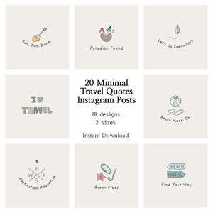 May include: A collection of 20 minimal travel quote Instagram post designs featuring hand-drawn illustrations like a coconut, compass, and beach gear. The text includes phrases such as Sun. Fun. Done., Paradise Found, and Let's Go Somewhere.