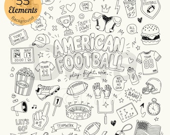 May include: A collection of 55 black and white hand-drawn doodle elements related to American football, including a stadium, helmet, jersey, trophy, popcorn, burger, whistle, and the text American Football, heart.hustle.glory., and play.fight.win.