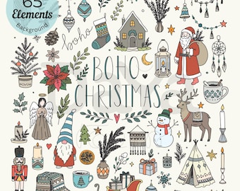 May include: A digital collection of 65 hand-drawn Christmas illustrations including Santa Claus, a reindeer, a snowman, a nutcracker, a gnome, a house, gifts, ornaments, candles, a teepee, and foliage with the text BOHO CHRISTMAS.