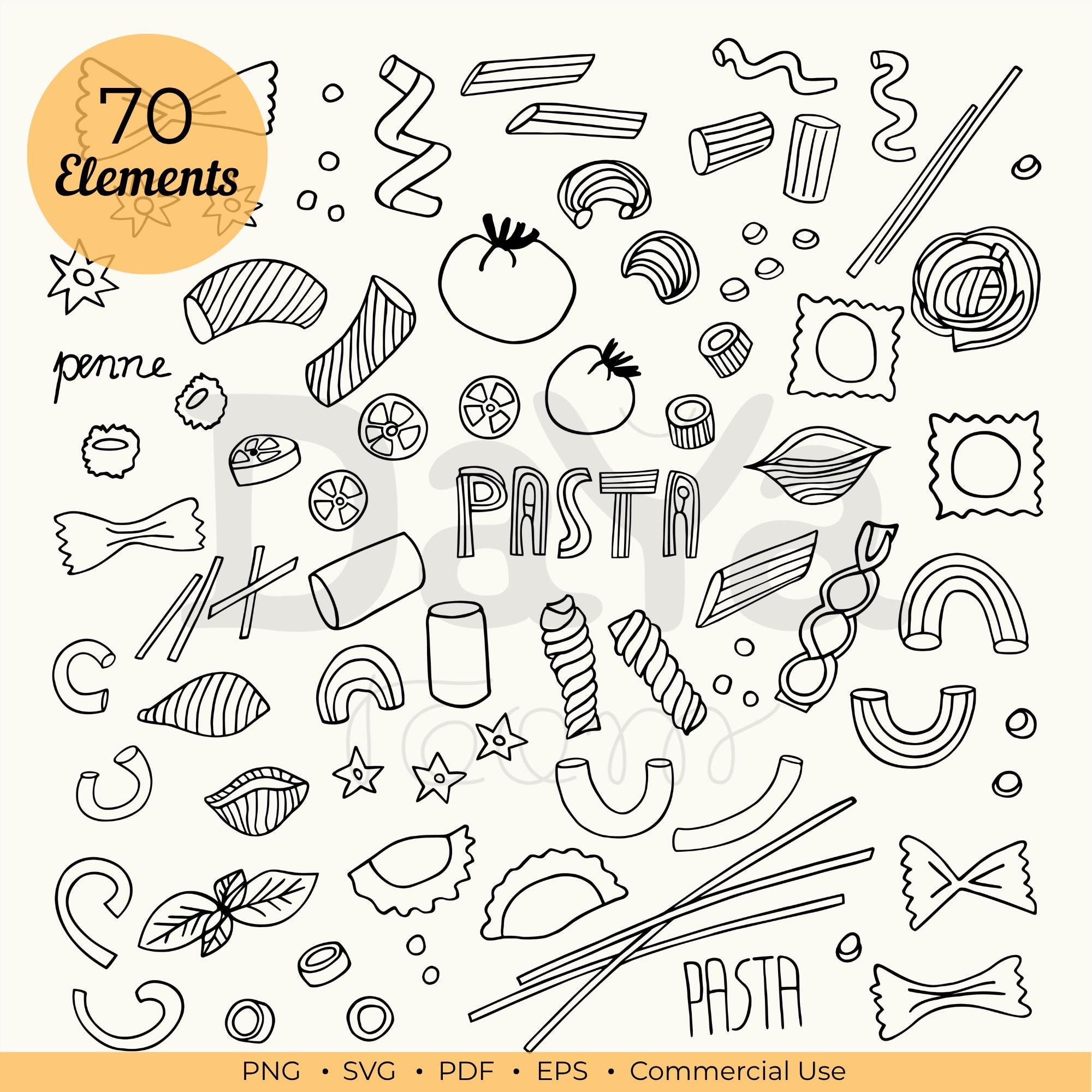 Basic Pasta Svg Pasta Clipart Bundle PNG SVG, Line Art Food Doodles, Outline Italian ...