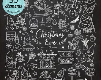 Pacchetto di gnomi natalizi in formato SVG, 50 clipart natalizie disegnate a mano, scarabocchi natalizi in formato PNG, disegni natalizi in stile lavagna, Canva Elements