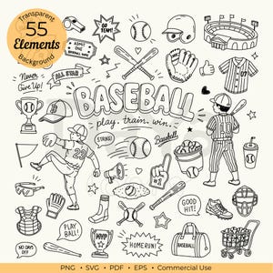 May include: A collection of 55 black and white baseball-themed line art illustrations including players, bats, balls, gloves, helmets, trophies, and stadium graphics. The central text reads BASEBALL play. train. win. with various speech bubbles.