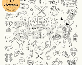 May include: A collection of 55 black and white baseball-themed line art illustrations featuring players, bats, balls, gloves, helmets, trophies, a stadium, and text elements like BASEBALL, GO TEAM, STRIKE, GOOD HIT, and HOMERUN.