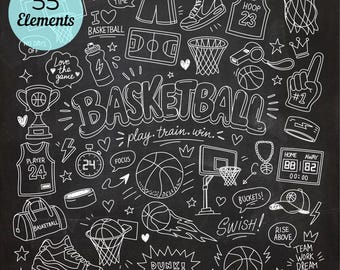 May include: A collection of 55 white line-art basketball-themed doodles on a black chalkboard background. Elements include basketballs, hoops, jerseys, sneakers, a trophy, a scoreboard, a whistle, and text such as BASKETBALL, SWISH, and DUNK.