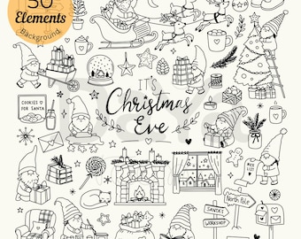May include: A collection of 50 black and white line art Christmas elements featuring gnomes, Santa in a sleigh, reindeer, a decorated tree, a fireplace, gifts, and signs reading It's Christmas Eve, North Pole, and Dear Santa.