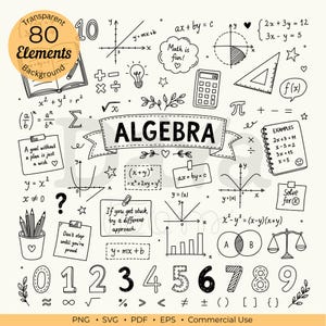 Könnte beinhalten: Eine Sammlung von 80 handgezeichneten Algebra-Elementen in Schwarz-Weiß, darunter die Zahlen 0-9, mathematische Symbole, Diagramme, ein Taschenrechner, ein Lineal, ein Stiftehalter und Notizzettel mit Texten wie Math is fun und A goal without a plan.