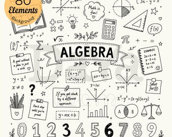 May include: A collection of 80 black and white hand-drawn algebra elements including numbers 0-9, mathematical symbols, graphs, a calculator, a ruler, a pencil holder, and sticky notes with text like Math is fun and A goal without a plan is just a wish.