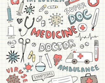 May include: A collection of hand-drawn medical doodles on a grid background, including syringes, a stethoscope, pills, viruses, an ambulance, a face mask, and a medical kit, with text labels such as INFLUENZA, SUPER DOC, MEDICINE, DOCTOR, VIRUSES, and AMBULANCE.