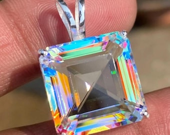 50 Ct Mystic Topaz Necklace Square Cut Rainbow Solid Silver Gemstone for Jewellery Pendant