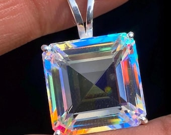 50 Ct Mystic Topaz Necklace Square Cut Rainbow Solid Silver Gemstone for Jewellery Pendant