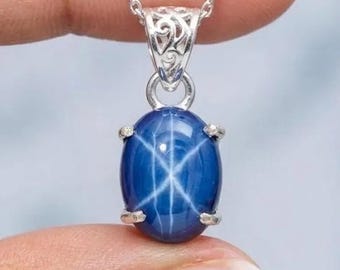 Star Sapphire Oval Pendant Sterling Silver Smooth Polished Surface Egg Shape Sapphire Flat Back