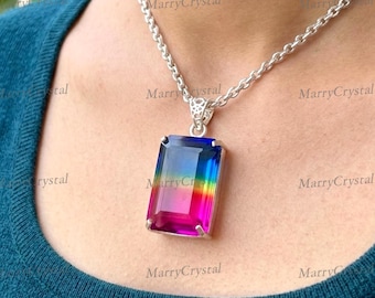 Colgante de cristal dicroico multicolor, talla esmeralda, joyería de piedras preciosas místicas