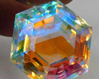 60 Ct Faceted Mystic Topaz Glass Gemstone, Rainbow Crystal, Jewelry Making (Hexagon Cut)