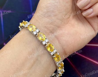 Lab Yellow Citrine & CZ Tennis Bracelet GS Silver, Gemstone Bracelet Gift for Mom