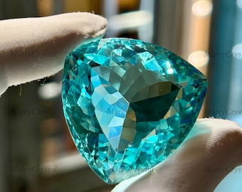 Piedra preciosa suelta de 90 quilates, color aguamarina azul cielo, talla trillón, obra maestra.