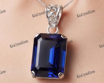 Natural Blue Sapphire Pendant, Elegant Gemstone Necklace, German Silver Jewelry, Gift for Wife