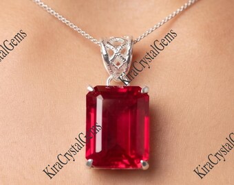 28+ Ct Natural Red Ruby Stone Emerald German Silver 18" Chain Pendant Gemstone