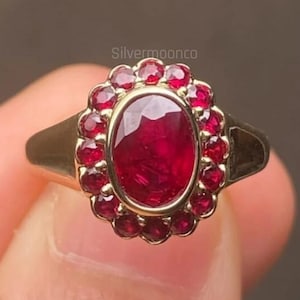Oval Ruby Ring, Sterling Silver Halo Ring, 2.00 CTW Vintage Inspired Ruby Engagement Ring, July Birthstone Gift , Gift for her, Diamond Ring