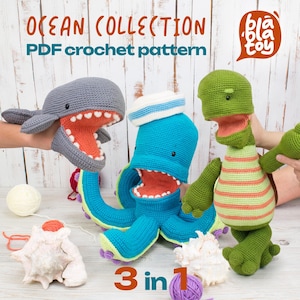 May include: The image showcases a collection of crochet ocean-themed toys, including a gray whale, a blue octopus, and a green turtle. The toys have open mouths with orange interiors and white teeth. The text "OCEAN COLLECTION PDF crochet pattern" is visible.