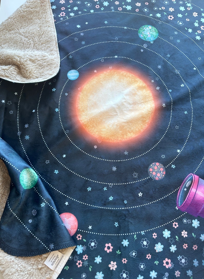 Minky Snuggle Blanket Nomi & Brave Travel the Universe space girl nursery planets science STEM image 5