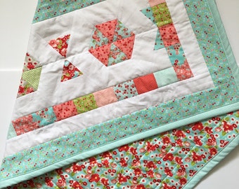 Little Ruby Baby Quilt; baby blanket; shabby chic nursery; aqua and red floral; crib bedding