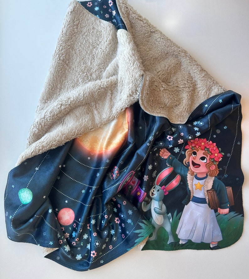 Minky Snuggle Blanket Nomi & Brave Travel the Universe space girl nursery planets science STEM image 3