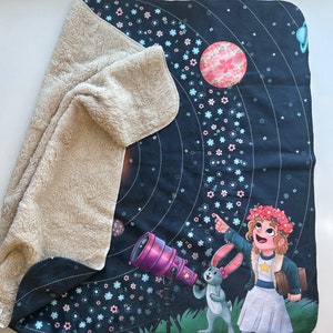 Minky Snuggle Blanket Nomi & Brave Travel the Universe space girl nursery planets science STEM image 1