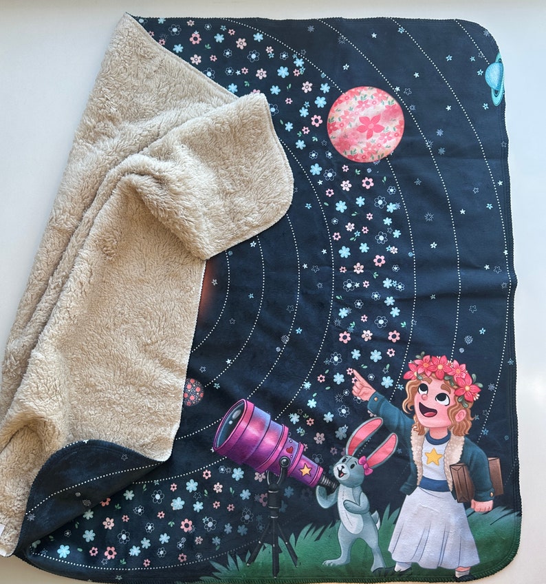 Minky Snuggle Blanket Nomi & Brave Travel the Universe space girl nursery planets science STEM image 1