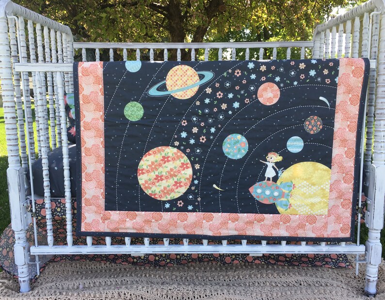 Baby Quilt Nomi /& Brave Travel the Universe; Crib bedding; Girl Nursery; Baby Girl; STEM for girls; Science for girls