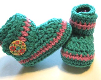 Ready to ship teal and pink crochet baby girl booties.  Ankle boots for baby shower gift.  Ready to ship baby booties.  Pink and teal.