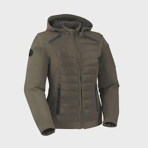 May include: An olive green hooded jacket featuring a quilted front panel, a full-length central zipper, and two zippered side pockets. The sleeves and back are made of a smooth, solid fabric, and a small circular black logo patch is on the upper arm.