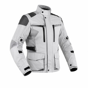 May include: A light gray motorcycle jacket featuring dark gray shoulder panels, a high collar with a snap closure, vertical zippered chest pockets, and two large lower flap pockets. The jacket includes black adjustable side straps and sleeve tabs.