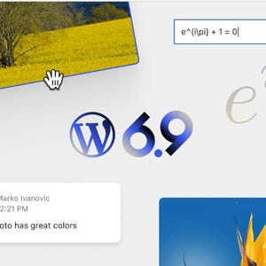 May include: A digital image featuring a landscape with yellow fields and a tree, a WordPress logo, and the number 6.9. The image also includes mathematical equations and a comment that says "This photo has great colors."