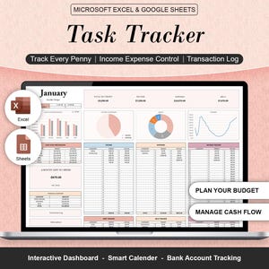 Può includere: Un laptop che mostra un foglio di calcolo per il monitoraggio delle attività finanziarie. Lo schermo mostra grafici e tabelle di dati con il testo "Task Tracker". Il software è compatibile con Microsoft Excel e Google Sheets. Il testo aggiuntivo include "Track Every Penny".