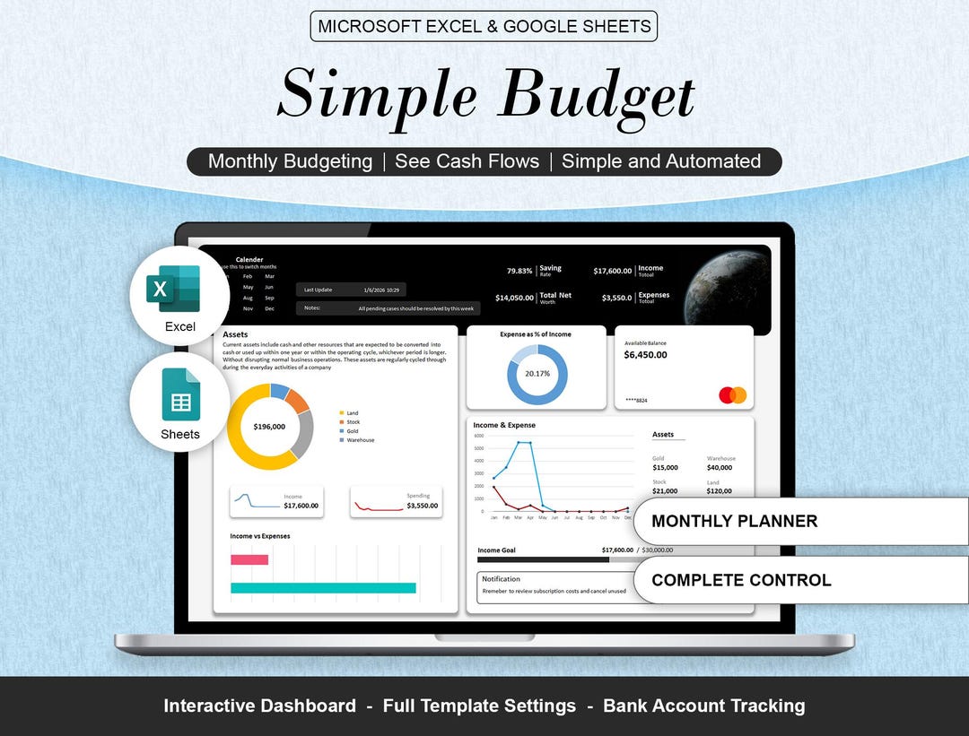 Simple Monthly Budget Template Excel Easy Money Management Planner ...