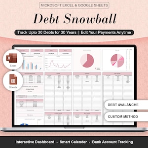 May include: A laptop screen displays a debt management spreadsheet with charts and tables. The title "Debt Snowball" is at the top, with options to track debts and edit payments. The screen shows "Excel" and "Sheets" icons, and the words "Debt Avalanche" and "Custom Method".