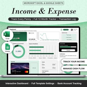 May include: A laptop screen displaying a financial dashboard for income and expense tracking. The interface includes charts, graphs, and data visualizations. Text on the screen reads "Income & Expense", "Track Every Penny", and "Manage Cash Flow".