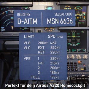 Placa de velocidad y/o placa de registro grabada con láser para Airbus A320 / placa de identificación del tipo de aeronave con flaps RAL, por ejemplo, para el MIP SL3 en la cabina de mando.